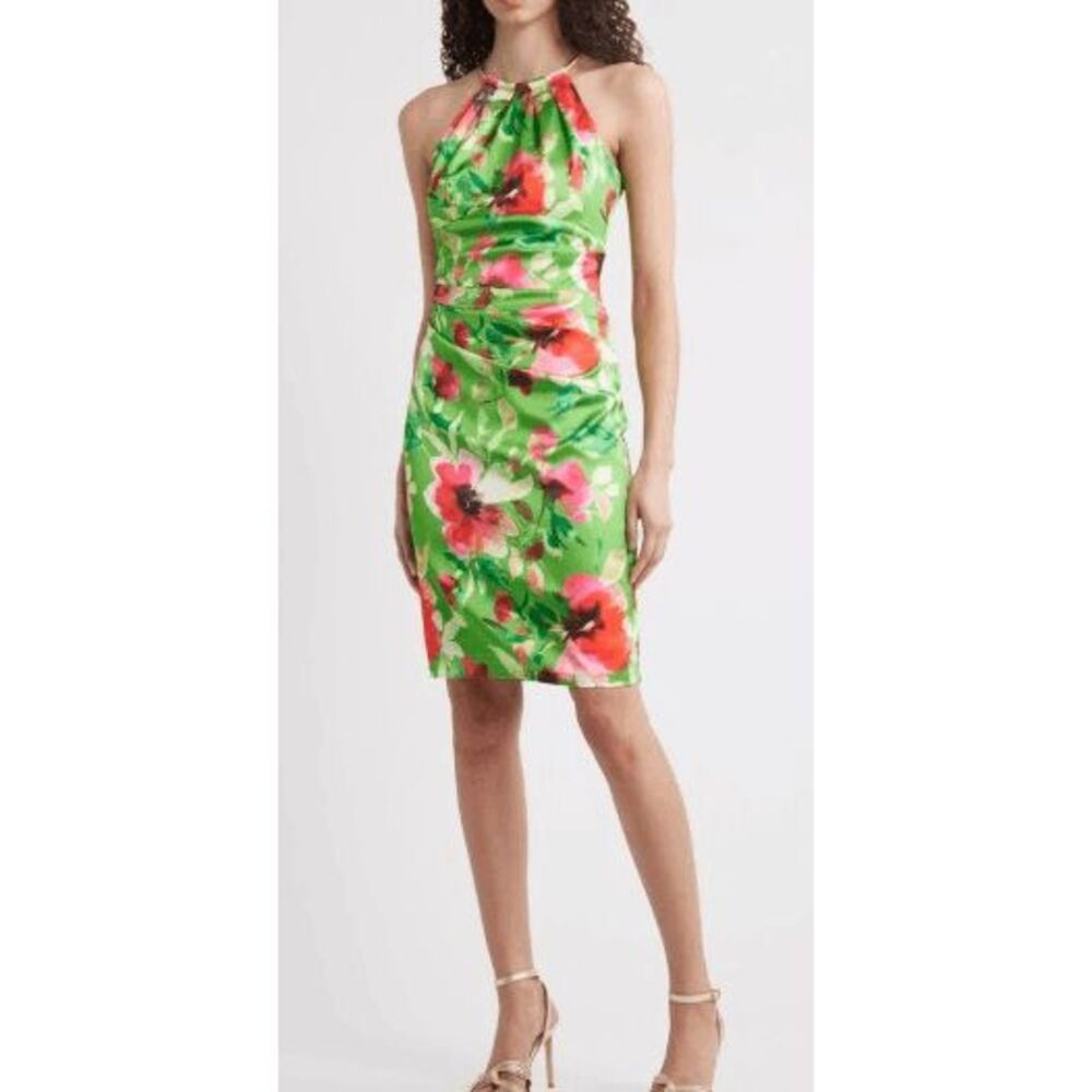 Eliza J Women's Size 16 Green Floral Print Gold Hardware Midi Cocktail Dress